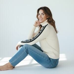 CELINE cream and black cashmere logo sweater Turtleneck Stripe